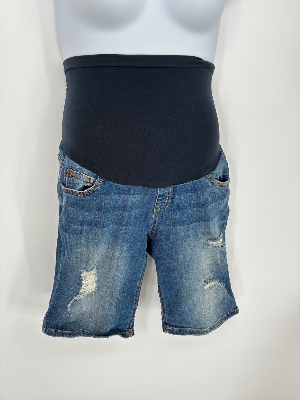 Indigo Blue Distressed Denim Bermuda Maternity Shorts Size M Full Belly Panel - Picture 5 of 9